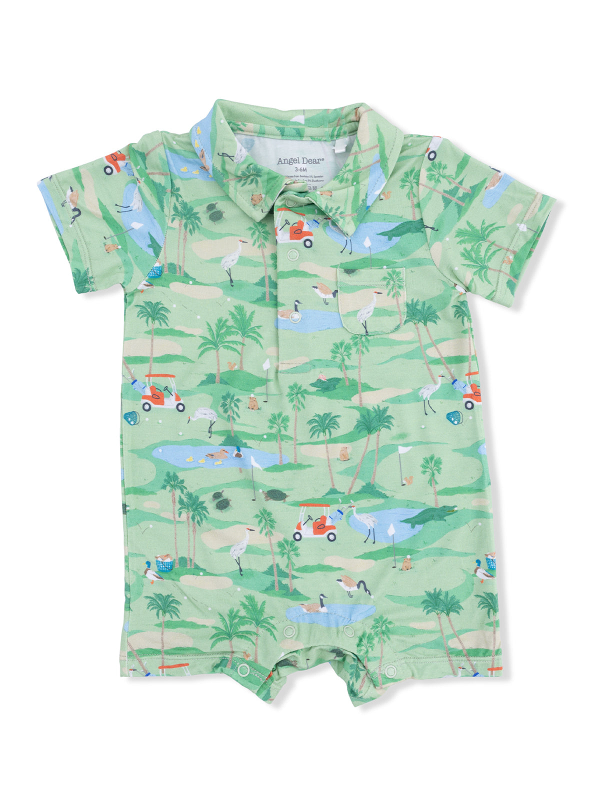 Green short-sleeve romper with playful animal and palm tree patterns, featuring a collared neck and front buttons.