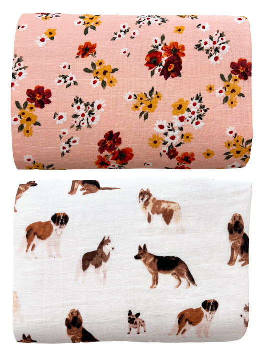 2-Pack Muslin Swaddles, Poppies & Daisies/Big Dogs