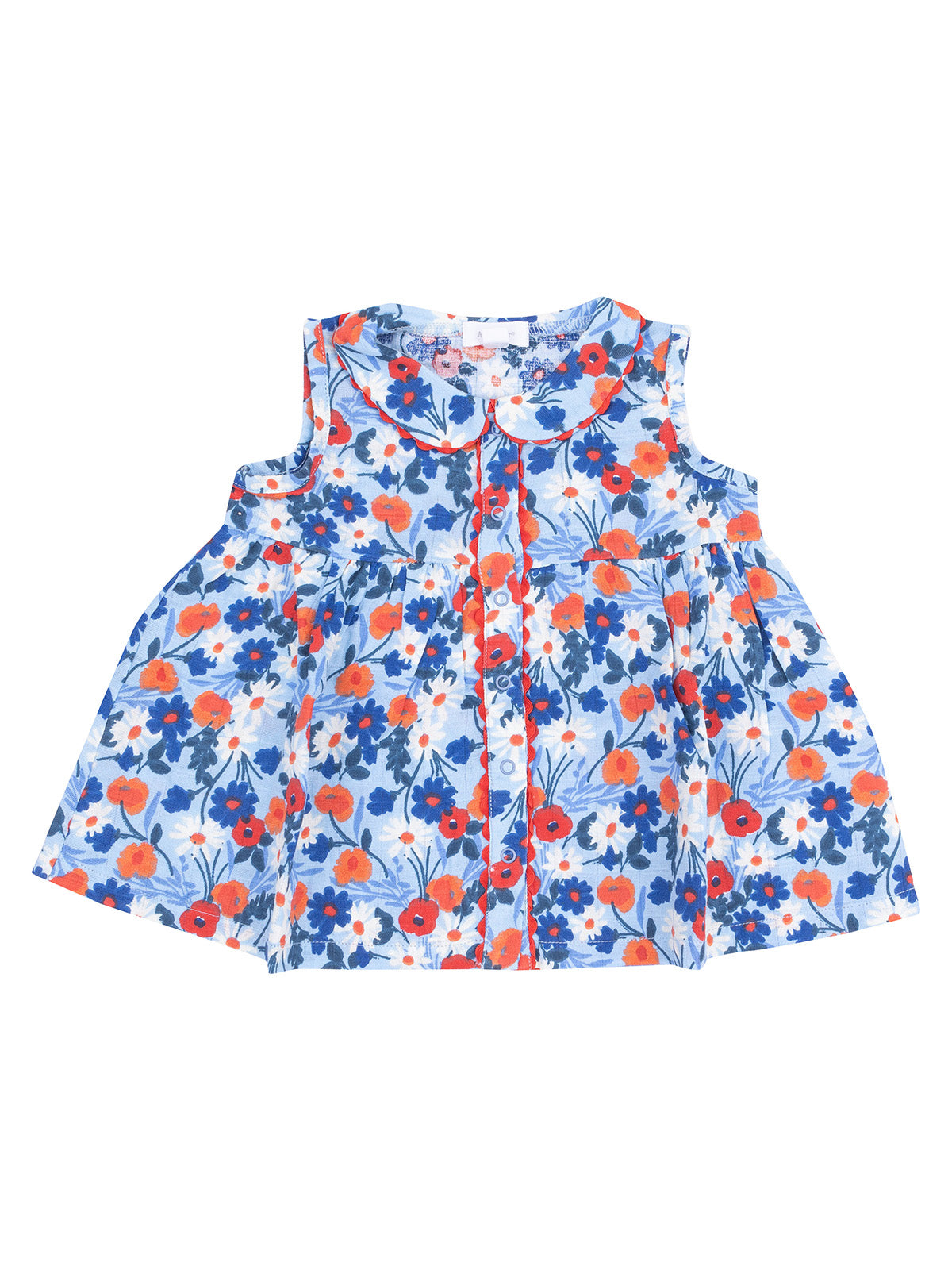 Floral patterned sleeveless children's top in blue, orange, and red with a button front and Peter Pan collar.