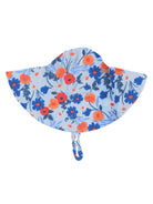 Floral sun hat with a wide brim, featuring blue and orange flowers on a light blue background.