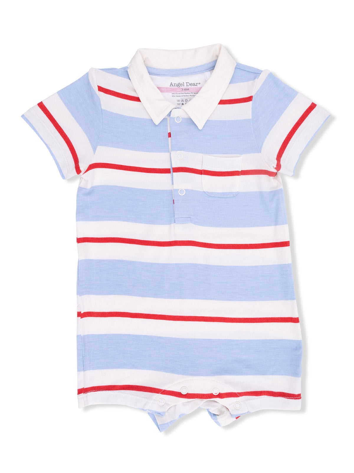 Light blue striped baby romper with red and white horizontal stripes and a collared neckline.