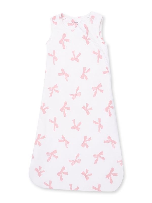 White sleeveless sleep sack with pink bows pattern for babies.