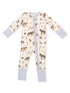 Light-colored onesie featuring horse-themed patterns and a front zipper, with lavender cuffs on the sleeves and legs.