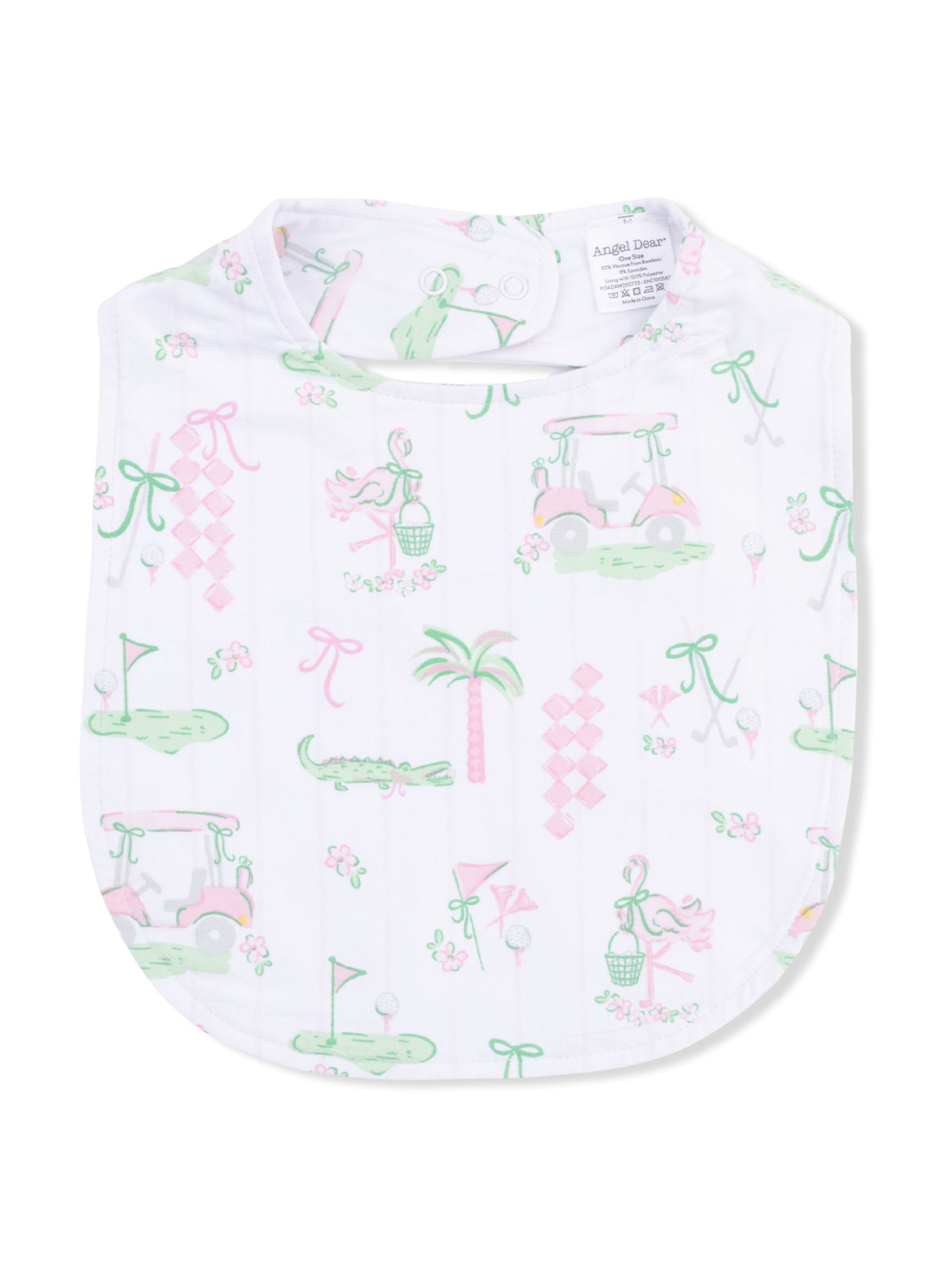 White bib featuring a playful print of golf-themed icons, flowers, and palm trees in pastel colors.