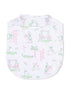 White bib featuring a playful print of golf-themed icons, flowers, and palm trees in pastel colors.