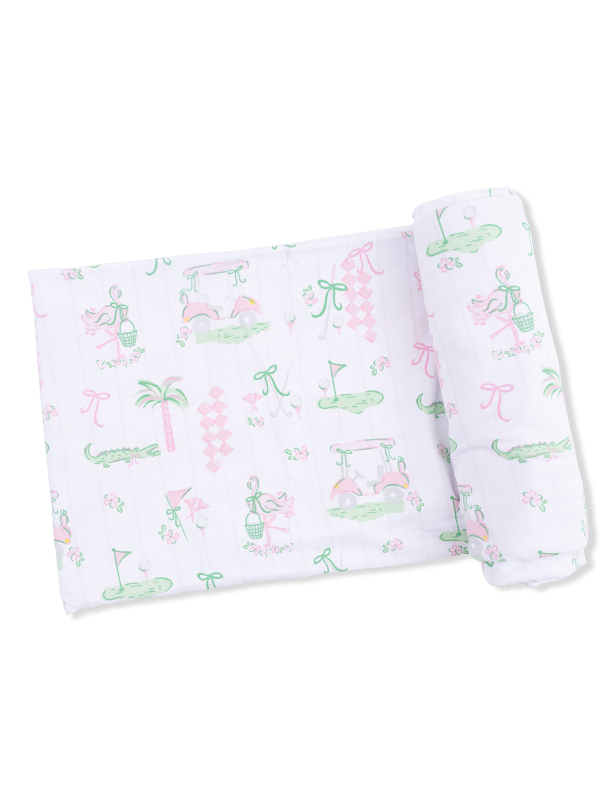 Light pastel crib sheet with golf and tropical patterns, featuring flamingos, alligators, and playful designs.