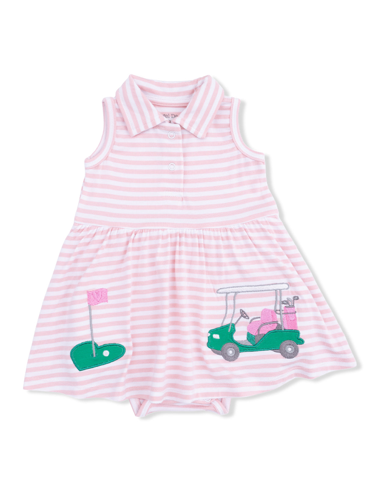 Pink striped dress for kids with golf-themed embroidery and a polo collar. Ideal for a playful summer look.
