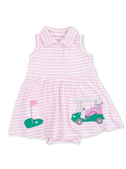 Pink striped dress for kids with golf-themed embroidery and a polo collar. Ideal for a playful summer look.