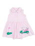 Pink striped dress for kids with golf-themed embroidery and a polo collar. Ideal for a playful summer look.