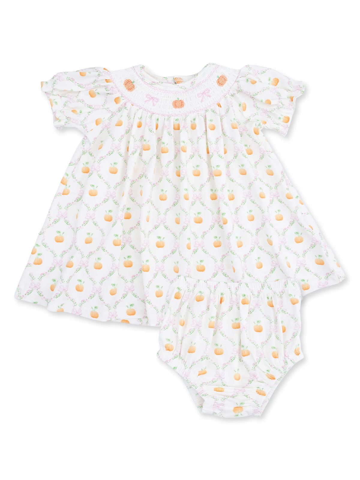Jane Puff Sleeve Bishop Dress and Bloomer, Pretty Pumpkin Trellis
