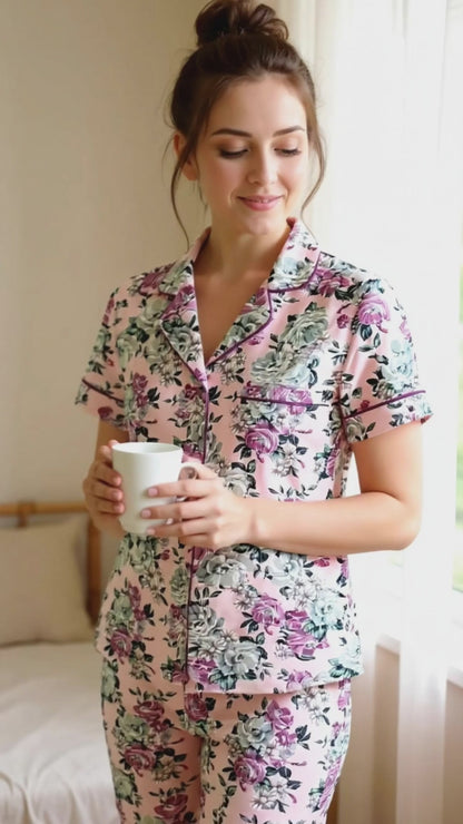 Women's Short Sleeve Lounge Set, Blissful Blossoms