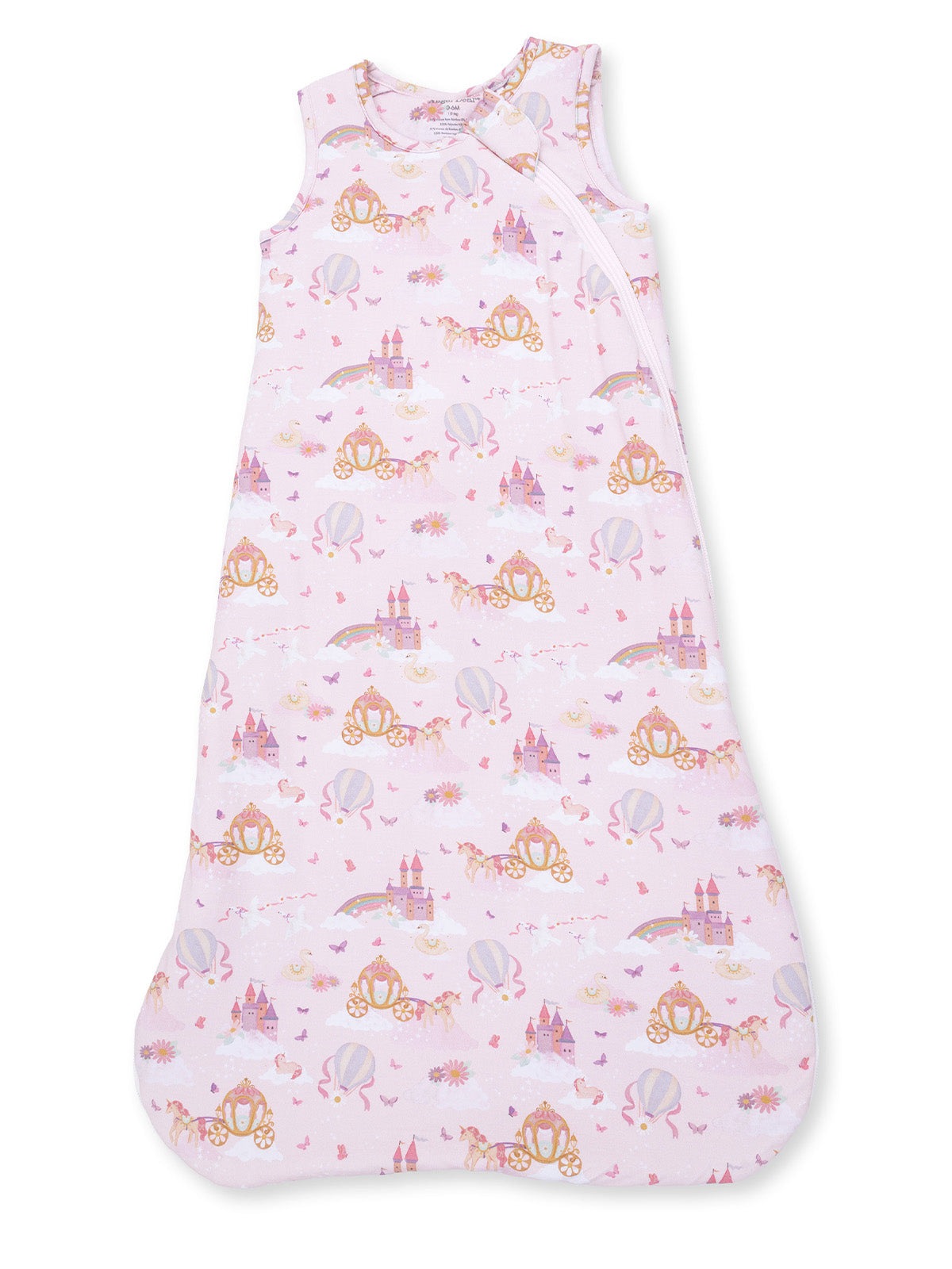 Pink baby sleep sack with whimsical princess-themed print, featuring castles, unicorns, and balloons.