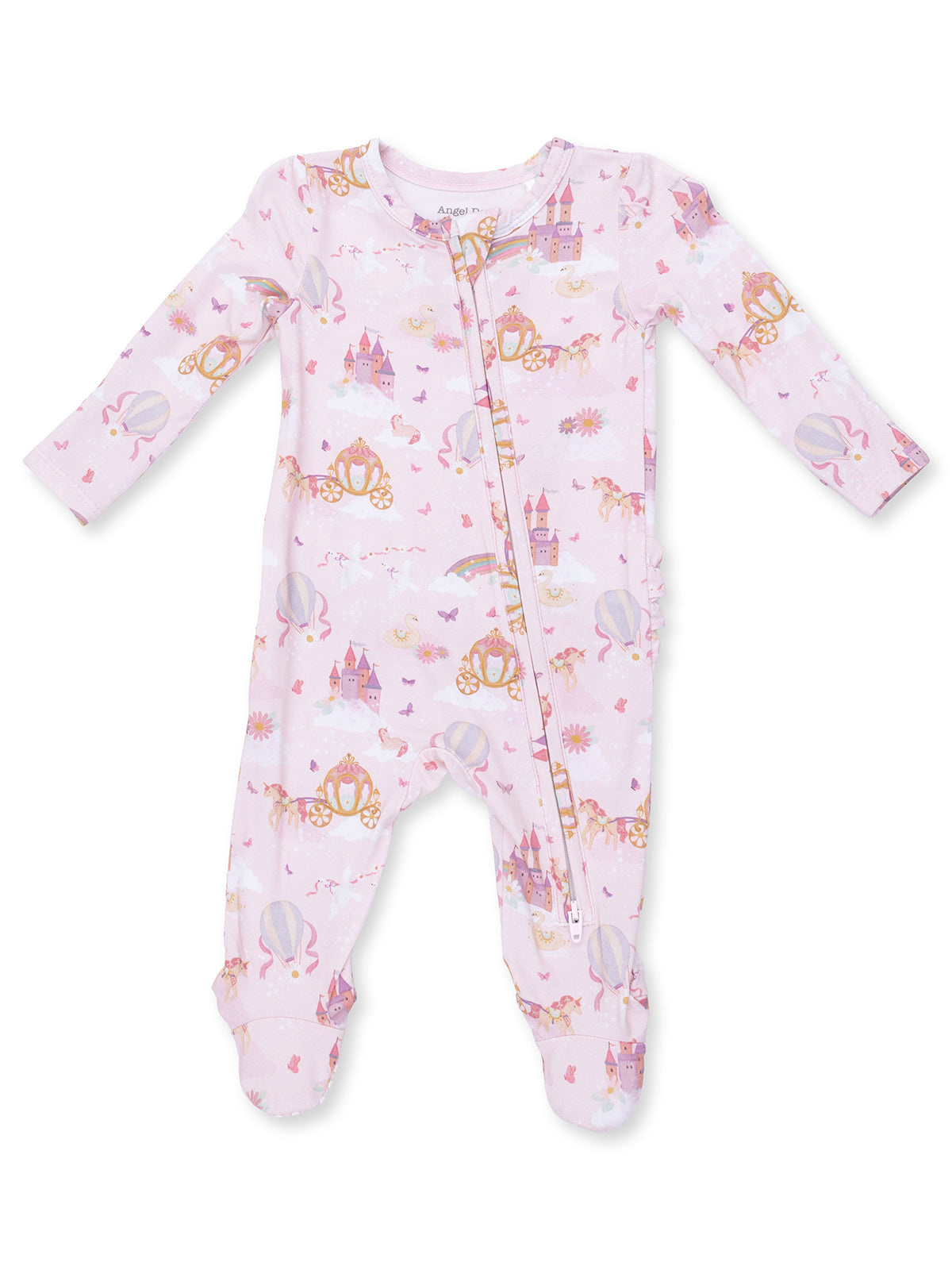 Pink baby onesie with whimsical castle and carriage print, featuring long sleeves and a front zipper.