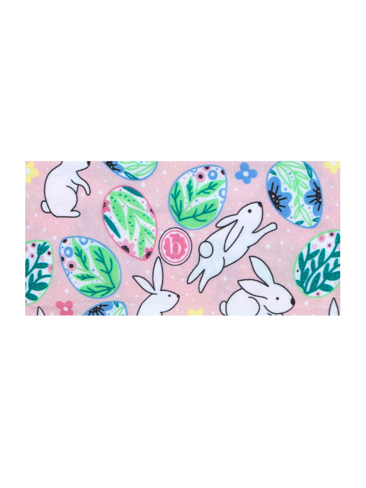 Colorful pattern featuring bunnies and decorated eggs on a soft pink background.