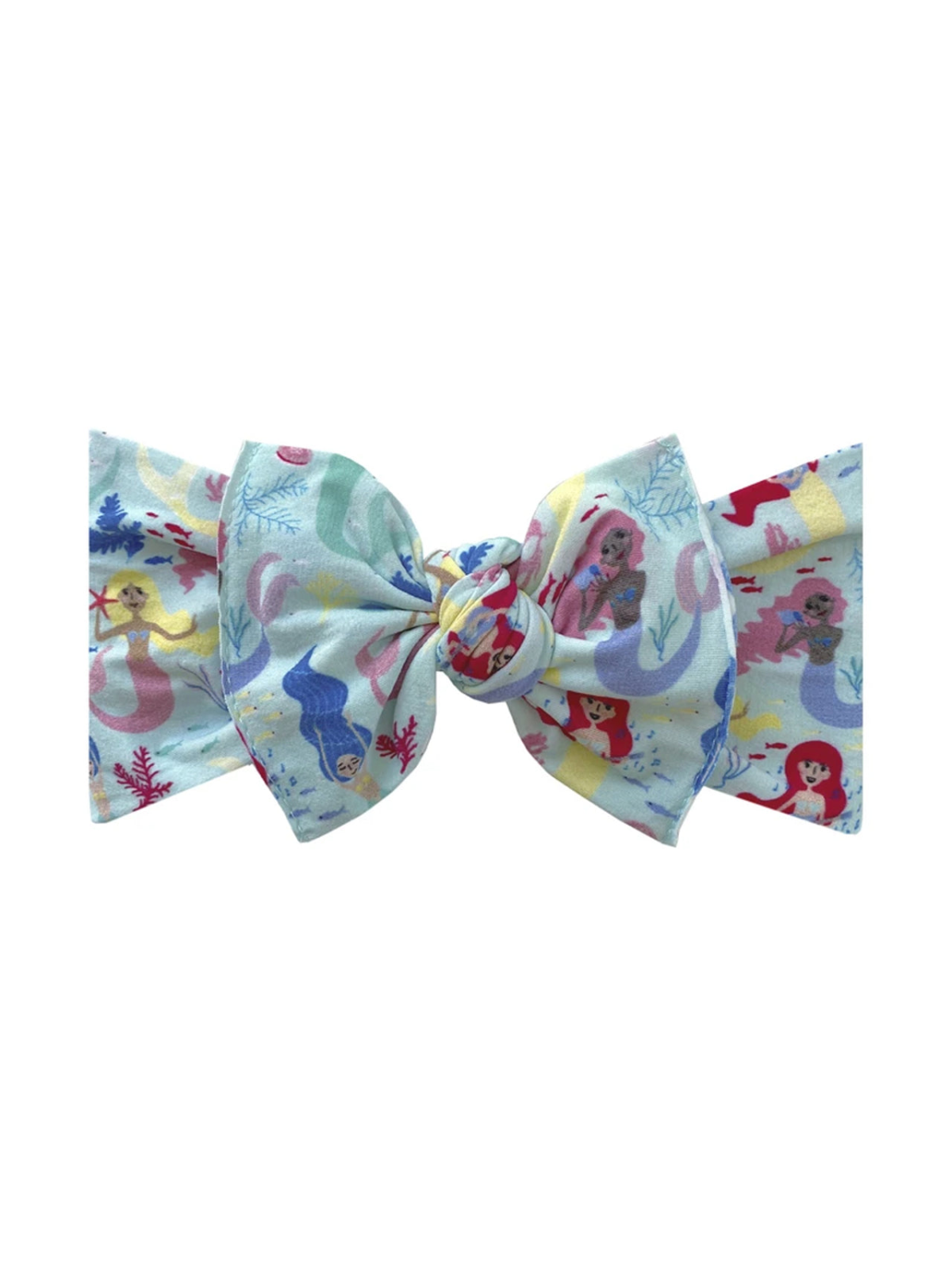 Light blue bow featuring colorful mermaid and sea-themed prints, ideal for accessories or children's costumes.