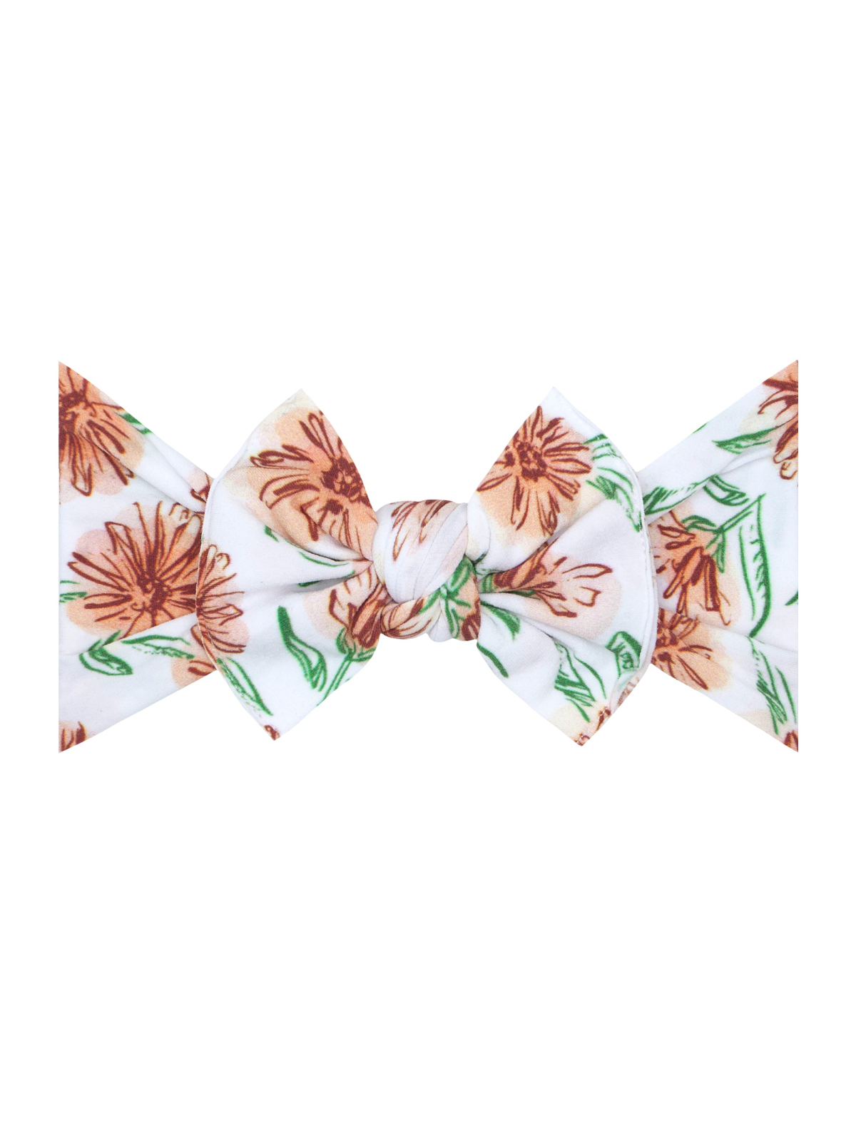 Floral headband with a large bow in peach and green hues against a white background.