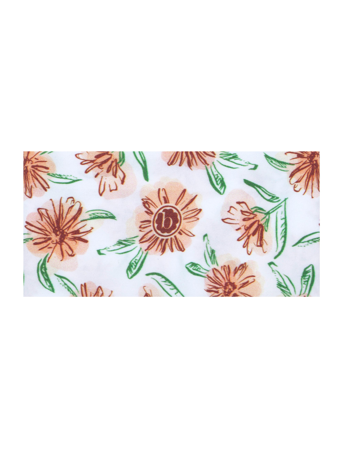 Floral pattern with orange flowers and green leaves on a white background, featuring a small logo.