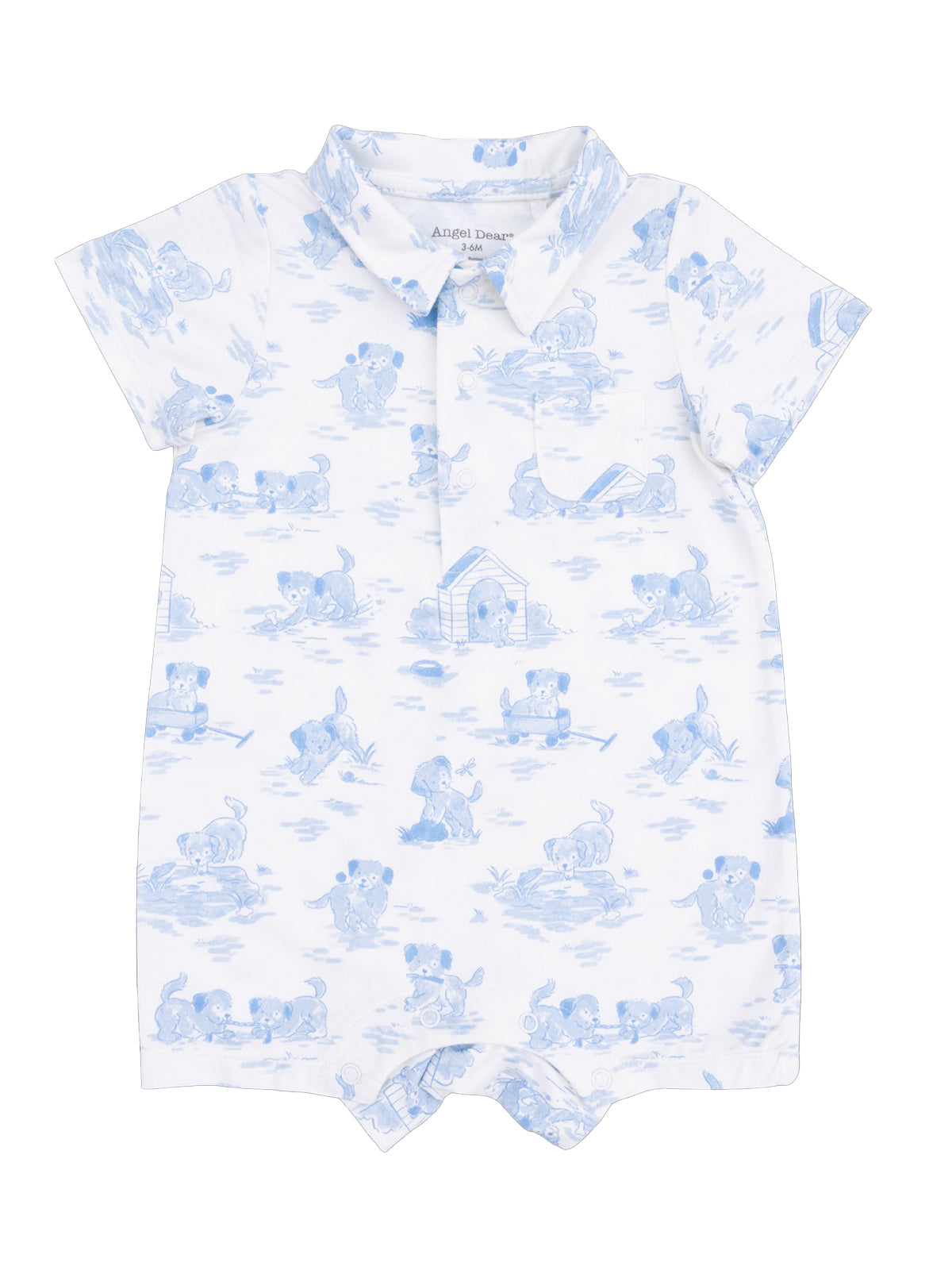 Light blue baby romper with animal prints, featuring playful puppies and a cozy doghouse design.