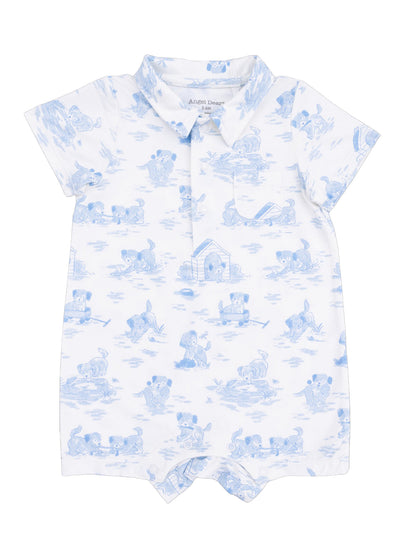 Light blue baby romper with animal prints, featuring playful puppies and a cozy doghouse design.