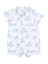 Light blue baby romper with animal prints, featuring playful puppies and a cozy doghouse design.