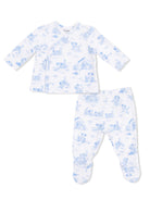 Blue patterned baby outfit with long-sleeve wrap top and footed pants featuring playful animals.