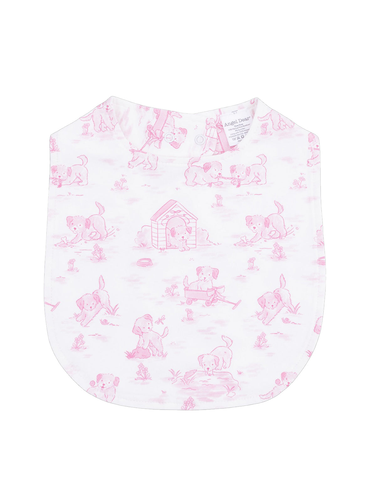 Pink dog-themed baby bib featuring playful puppies and a doghouse design. Perfect for mealtime fun.