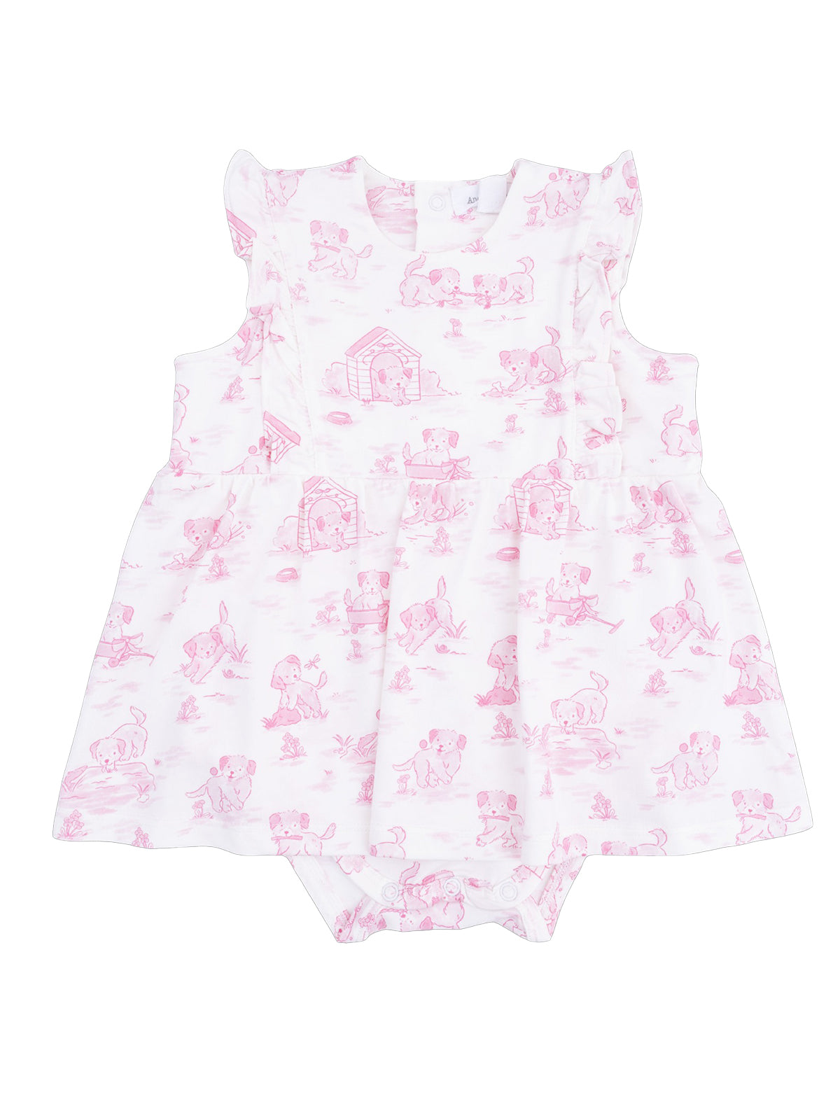 Pink baby dress with playful puppy print and ruffled sleeves, featuring snaps for easy dressing.