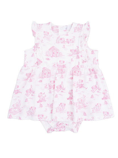Pink baby dress with playful puppy print and ruffled sleeves, featuring snaps for easy dressing.