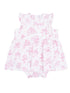 Pink baby dress with playful puppy print and ruffled sleeves, featuring snaps for easy dressing.