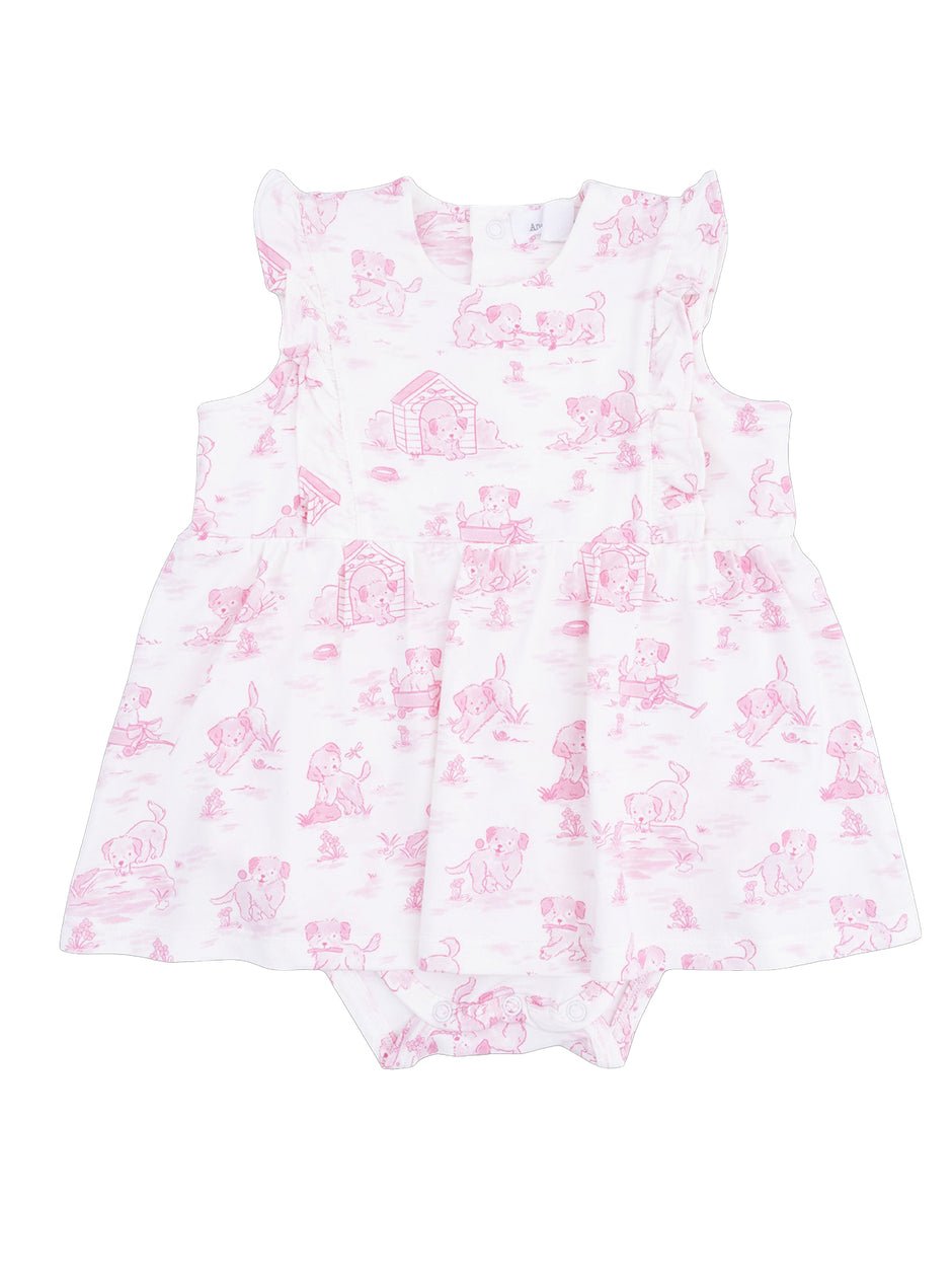 Pink baby dress with playful puppy print and ruffled sleeves, featuring snaps for easy dressing.