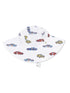 White sun hat featuring colorful car prints, ideal for sunny days and outdoor fun.