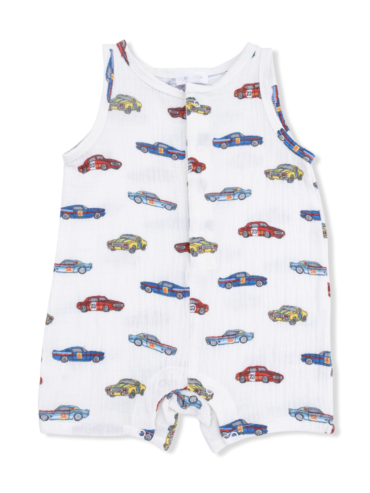 White romper featuring colorful car prints in red, blue, and yellow, perfect for young children.