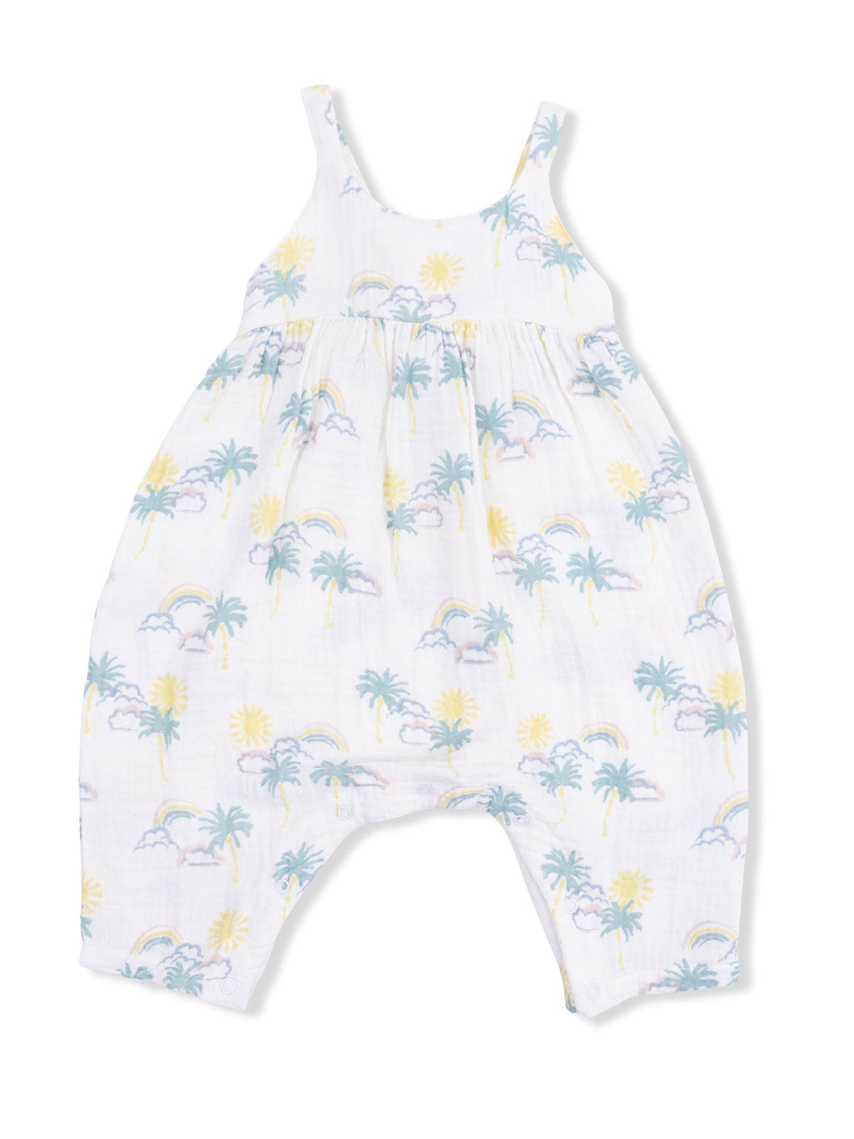Lightweight baby romper with colorful palm tree, sun, and rainbow print on a white background. Ideal for warm weather.