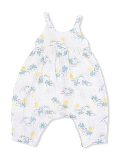 Lightweight baby romper with colorful palm tree, sun, and rainbow print on a white background. Ideal for warm weather.