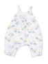 Lightweight baby romper with colorful palm tree, sun, and rainbow print on a white background. Ideal for warm weather.