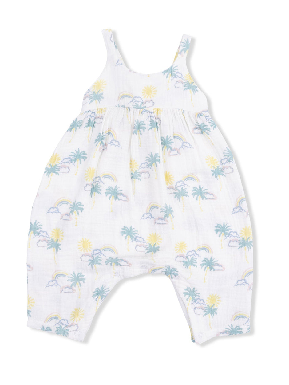 Lightweight baby romper with colorful palm tree, sun, and rainbow print on a white background. Ideal for warm weather.