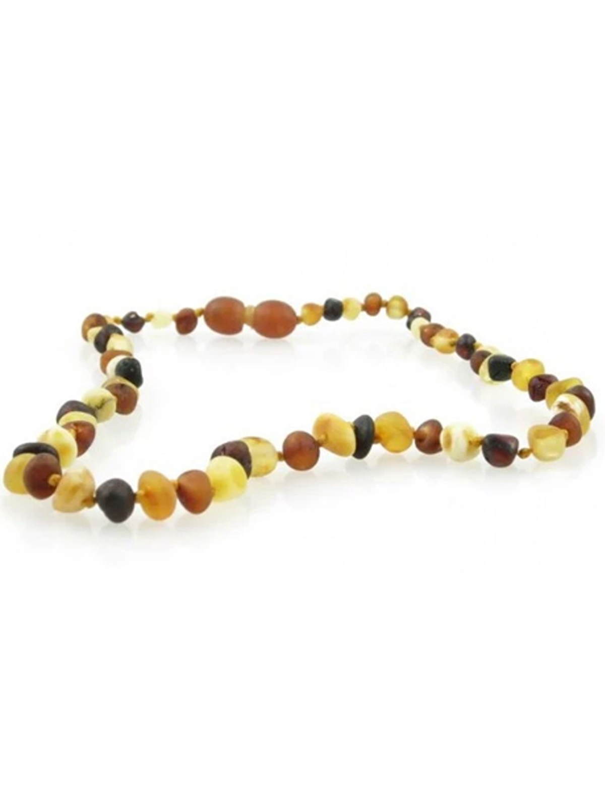 Amber bead necklace with varying shades of yellow, brown, and black on a white background.