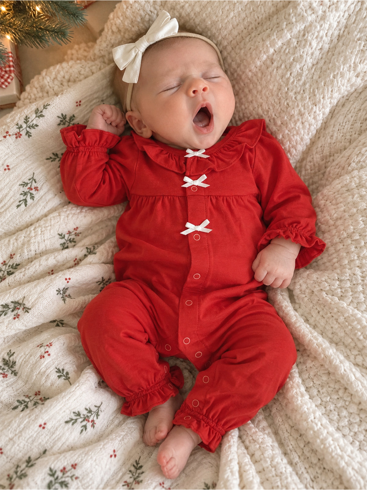 Knit Ruffle Collar Romper, Ribbon Red