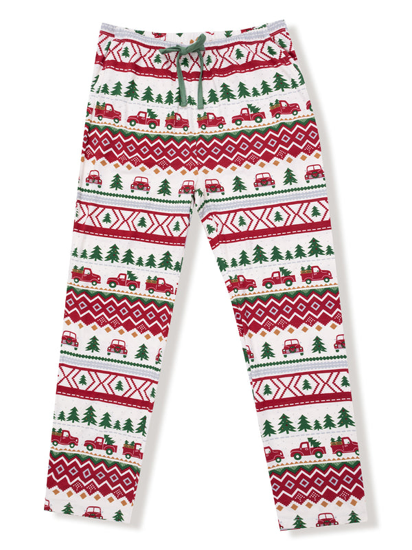 Festive pajama pants featuring red trucks, Christmas trees, and geometric patterns in red and green.