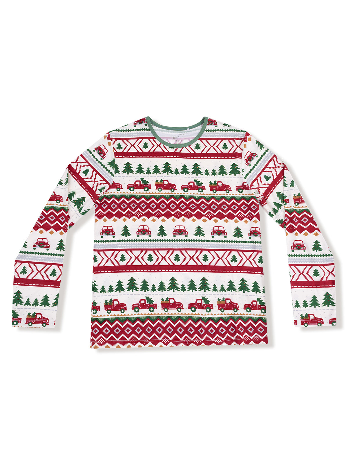 Long-sleeve festive shirt featuring red trucks and trees in a holiday pattern. Perfect for seasonal celebrations.