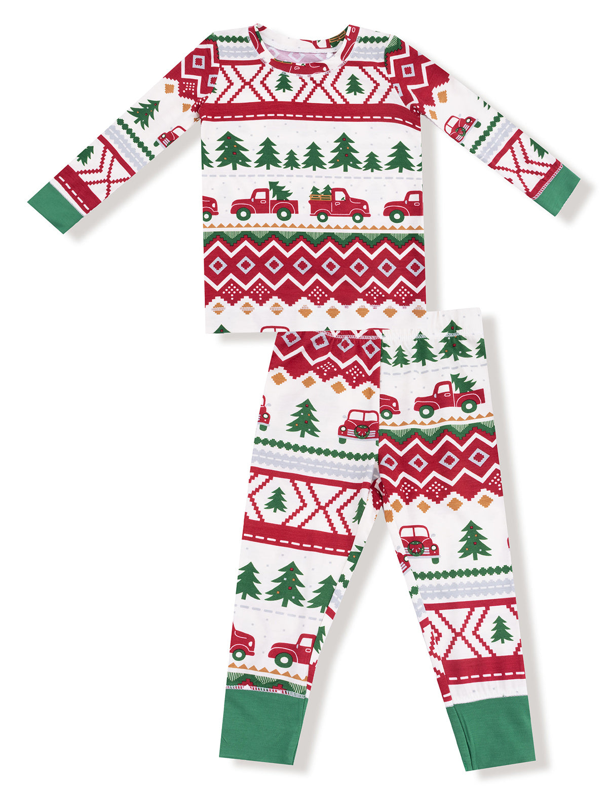 Red and white patterned kids' pajamas featuring Christmas trees and vintage trucks.