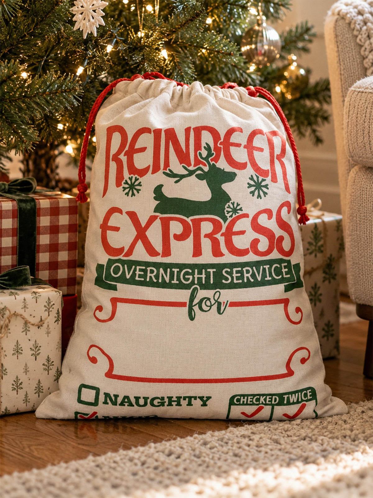 Drawstring Santa Sack, Reindeer Express