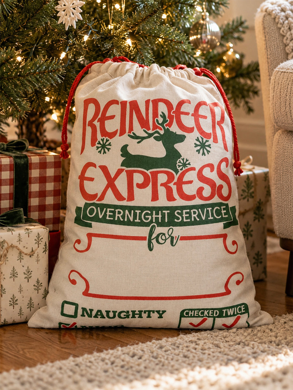 Drawstring Santa Sack, Reindeer Express