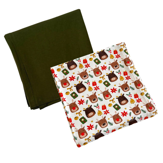 2-Pack Stretch Swaddles, Reindeer Friends Green/ Olive