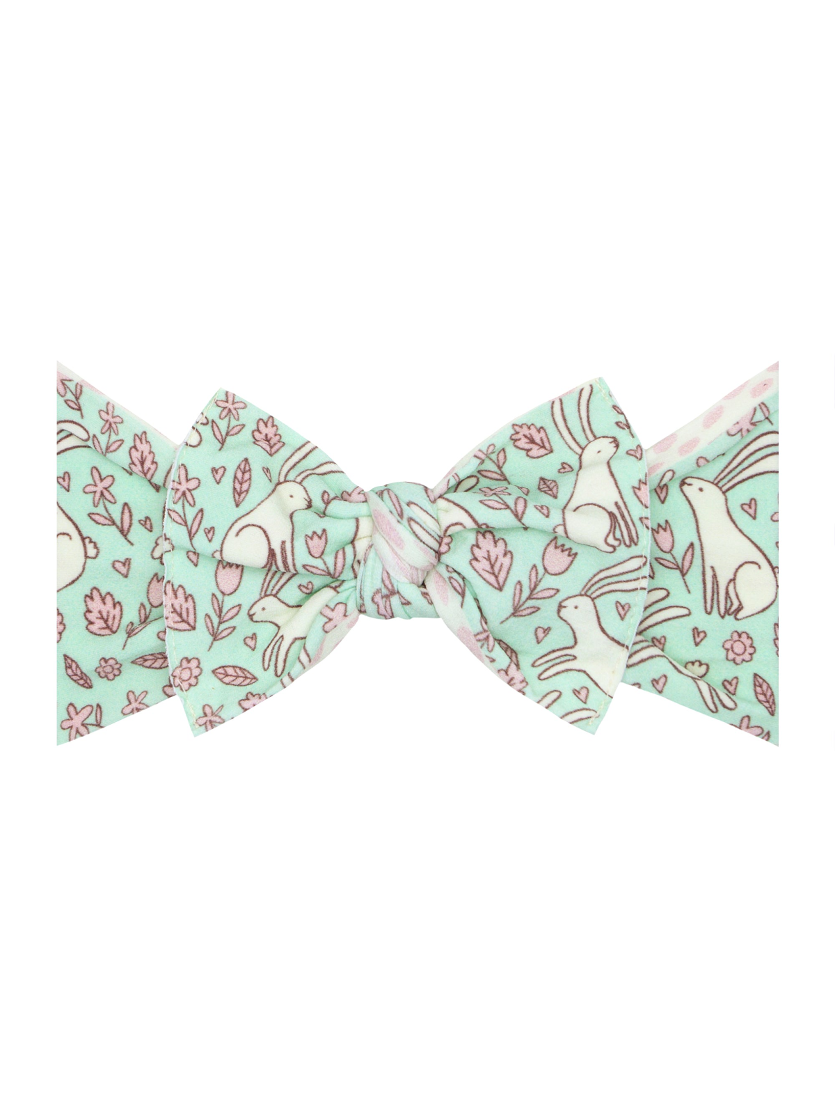 Mint green bow tie featuring playful rabbit and floral patterns.