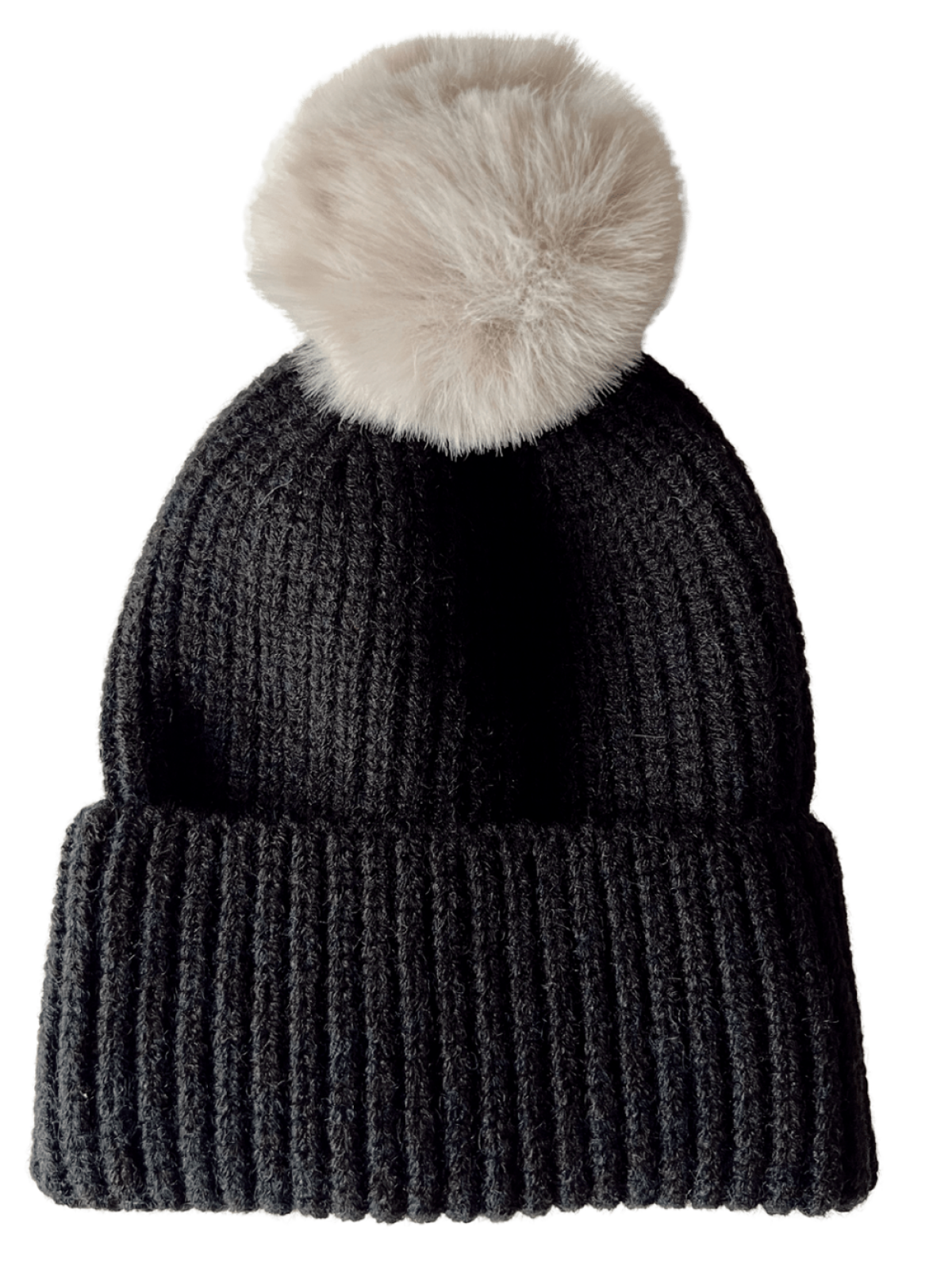 Black knit beanie with a soft, fluffy pom-pom on top, perfect for winter wear.