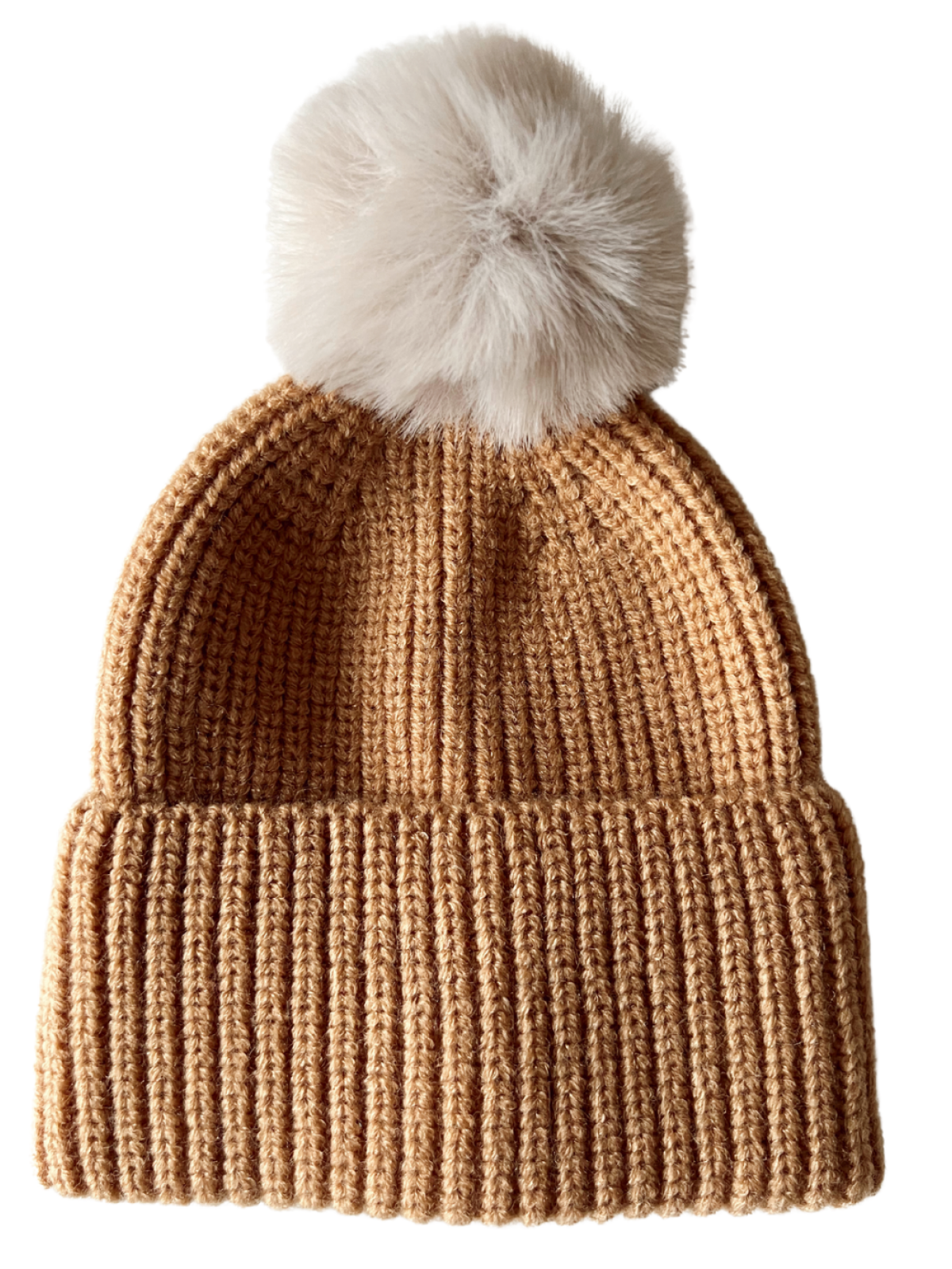 Tan knitted beanie with a fluffy pom-pom on top, designed for warmth and style in colder weather.