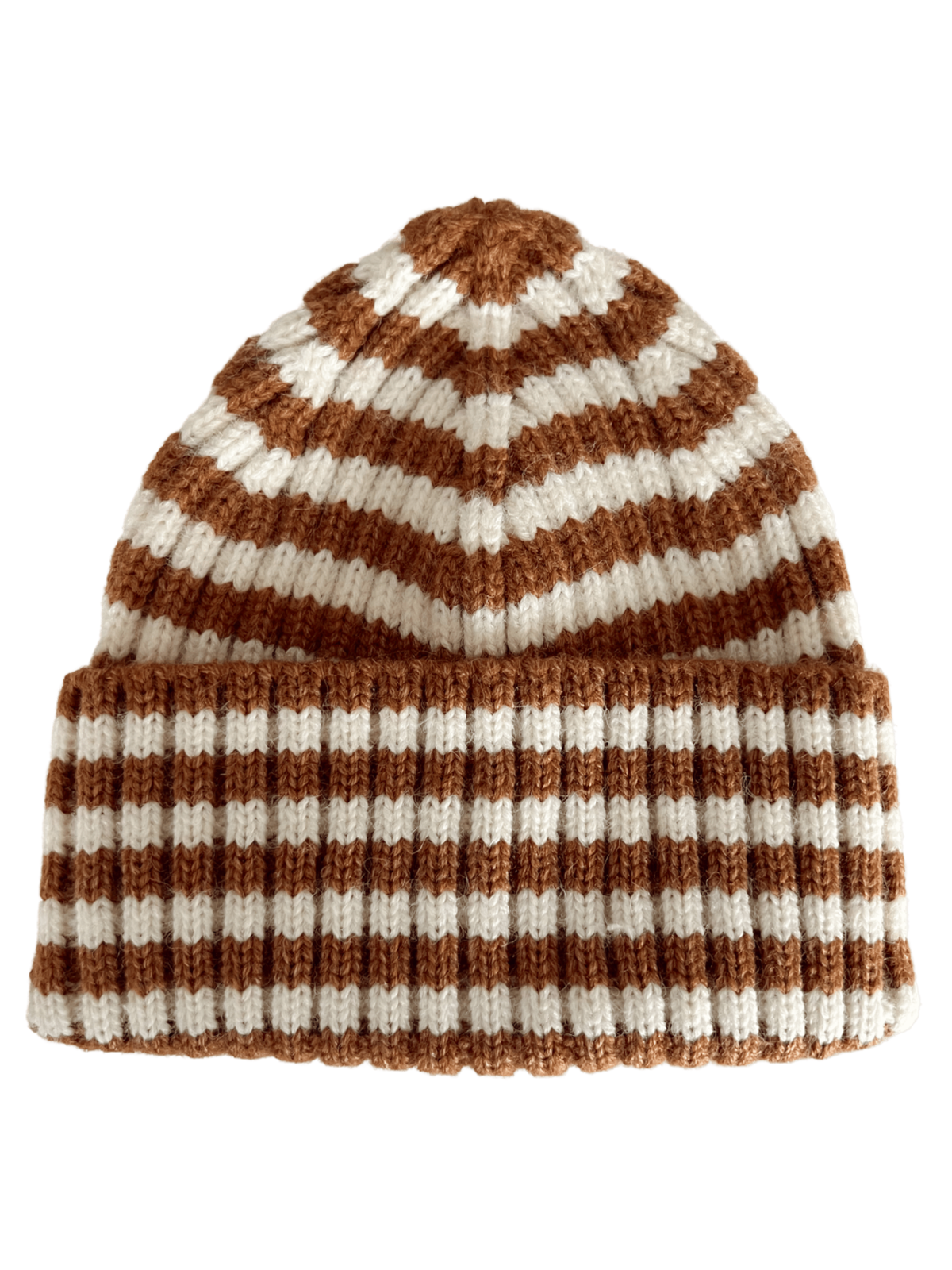 Brown and cream striped knit beanie hat, featuring alternating wide and narrow stripes.
