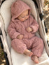 Chenille Hooded Romper with Striped Texture, Rose