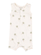 Light cream baby romper with palm tree print, featuring snap closures and sleeveless design. Ideal for warm weather.